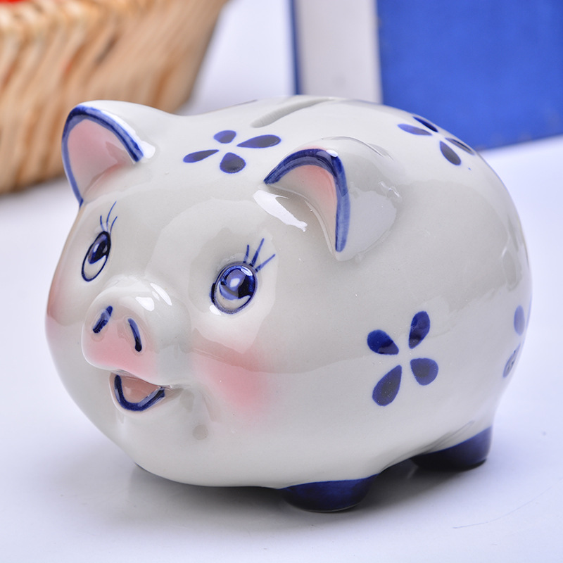 2017创意儿童节日可爱青花小猪储蓄罐 工艺品陶瓷存钱罐礼物摆件