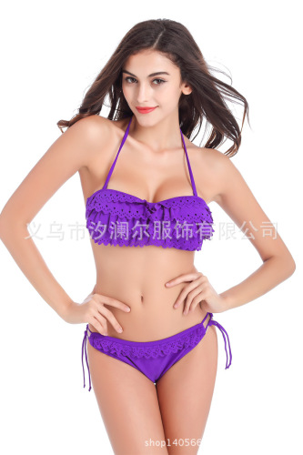 Swimsuit Foreign Trade New Sexy Hollow Cut Flower Solid Color Halter Split Swimsuit Nylon Quality Factory Direct Sales