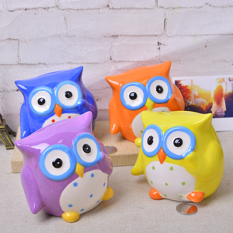 厂家直销陶瓷工艺品纯手工卡通可爱猫头鹰零钱罐罐存储罐精美礼物