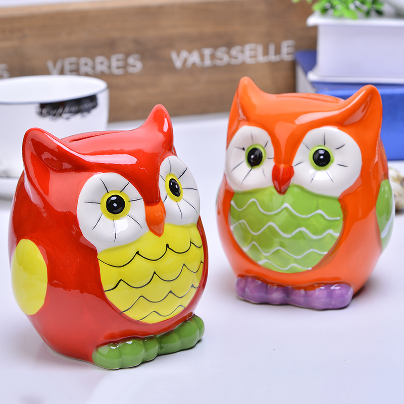 厂家批发创意新款手绘陶瓷猫头鹰储蓄罐 招财猫工艺品 陶瓷猫头鹰