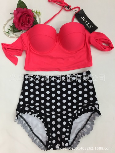 Swimsuit Foreign Trade New Sexy Solid Color with Polka-Dot High Waist Covering Belly Thin Split Swimsuit Nylon Quality Factory Direct