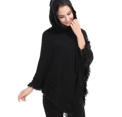 Spring female hooded pure color hollow fringe large size fat MM loose thin cape shawl