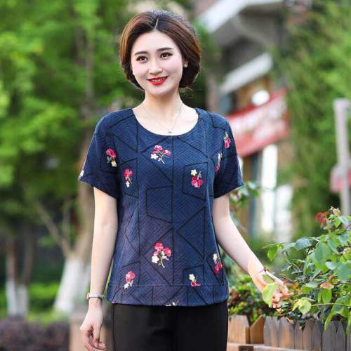 Summer Imitation Cotton and Linen Embroidery Jacquard Cotton Middle-Aged and Elderly Women‘s Short-Sleeved Bottoming Shirt
