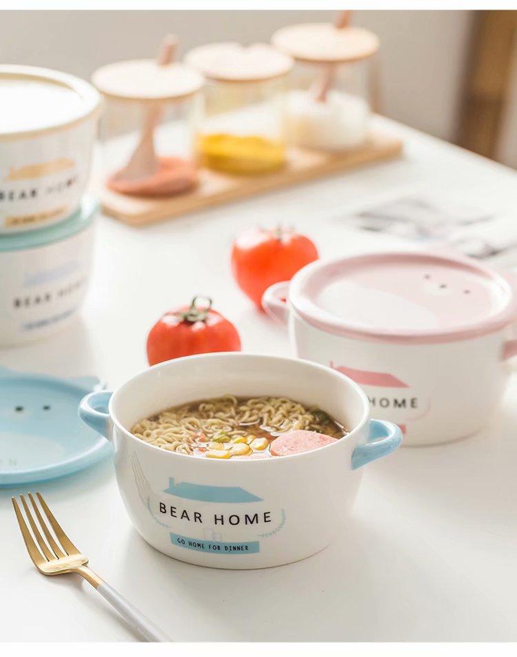 小熊泡面碗学生碗带盖