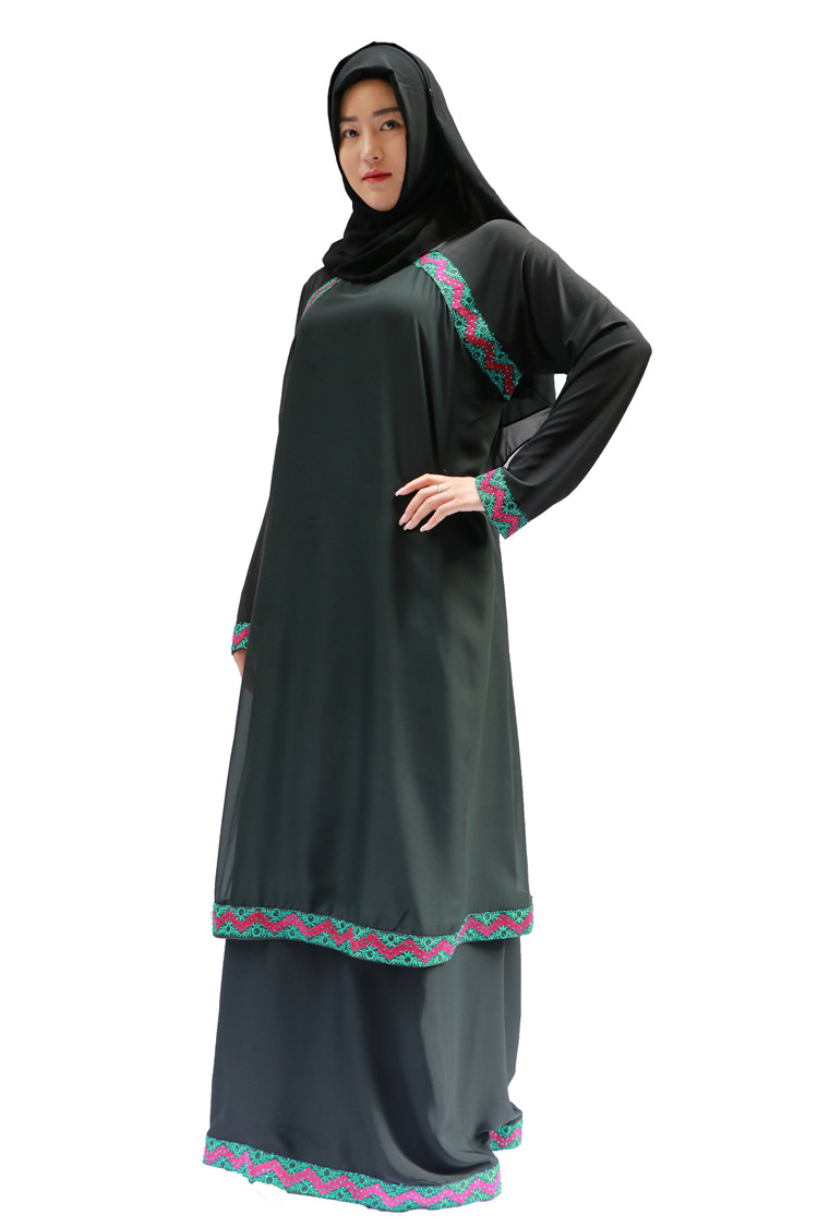 穆斯林女装黑袍混色带花边双层长裙厂家现货一件可发详情8