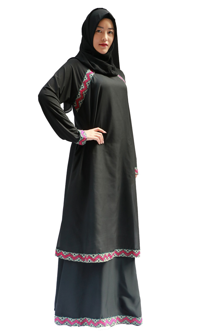 穆斯林女装黑袍混色带花边双层长裙厂家现货一件可发详情11