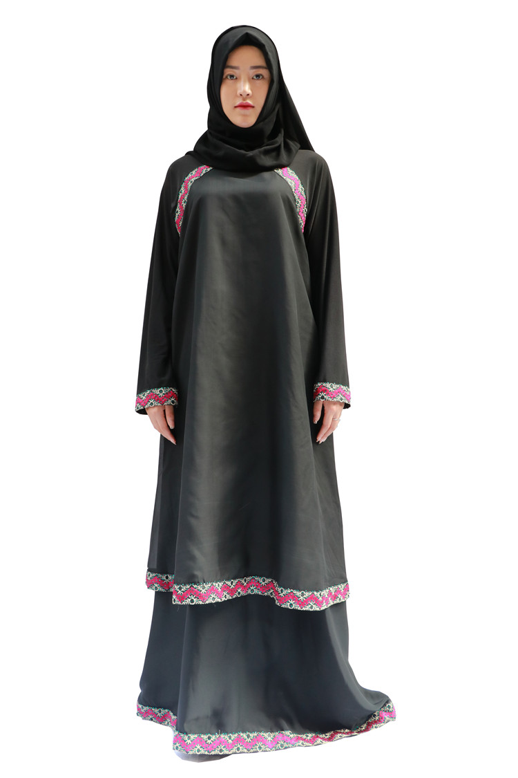 穆斯林女装黑袍混色带花边双层长裙厂家现货一件可发详情14