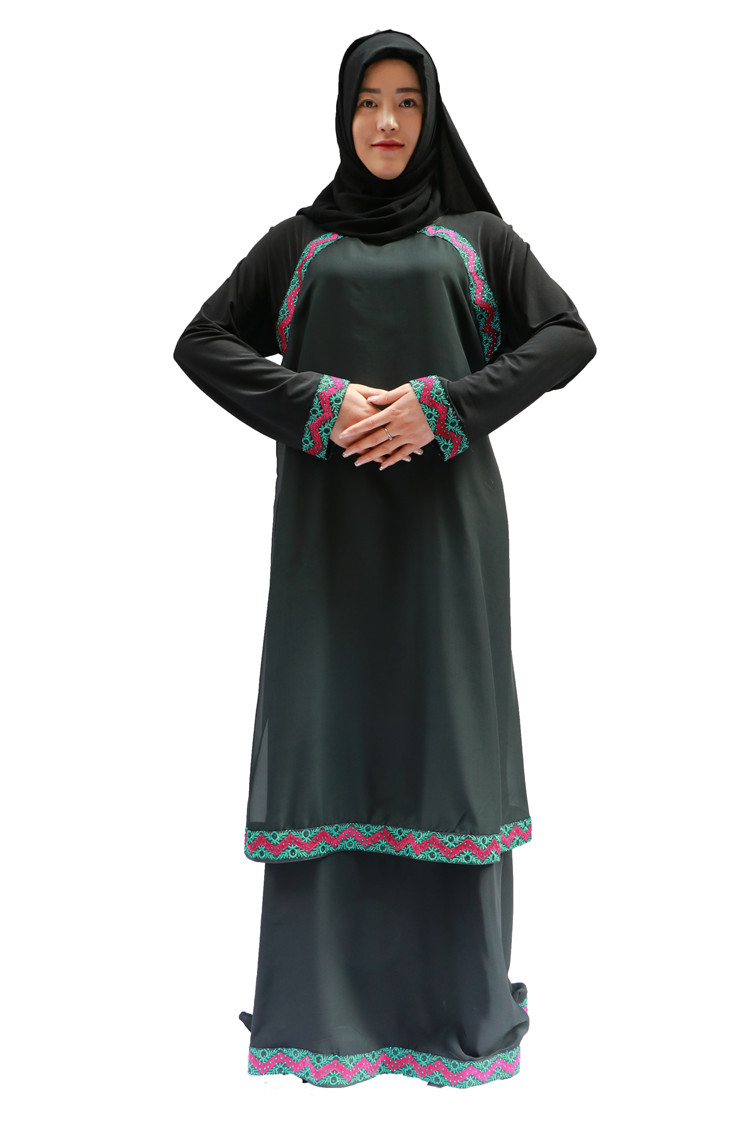 穆斯林女装黑袍混色带花边双层长裙厂家现货一件可发详情7