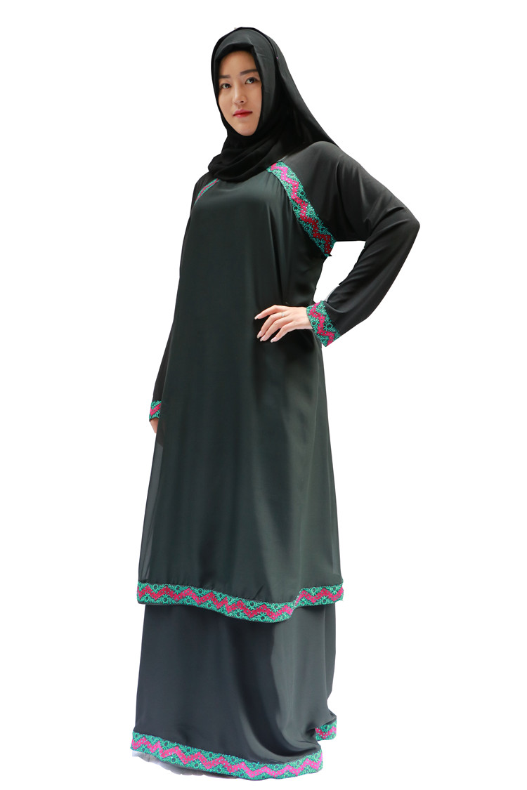 穆斯林女装黑袍混色带花边双层长裙厂家现货一件可发详情13