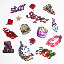 新款珠片刺绣布贴英文字母汉堡口红高端服装辅