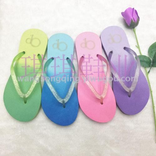 foreign trade pe flip-flop printing gradient color transparent frosted with beach women‘s slippers