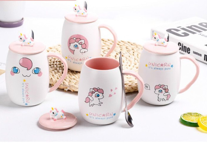 3D立体盖独角兽陶瓷杯 带盖带勺马克杯