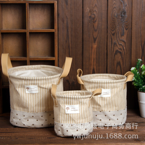 Daily Single Blue Vertical Bar Small Barrel Roll Paper Storage Tube Desktop Trash Can Cotton Linen storage Bucket Small Sundries Basket Foldable