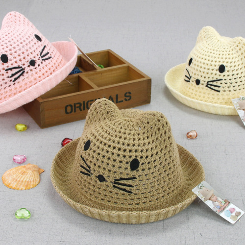 Three-Dimensional Kitty Children‘s Basin Hat Mesh Hollow out Breathable Baby Hat Turnup Brim Cartoon Sun Hat Mz5918