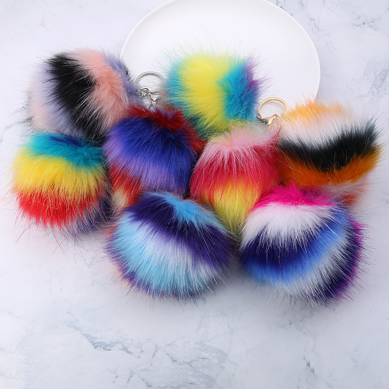 Supply Creative Long Hair Ball Key Chain Pendant Rainbow Stripe