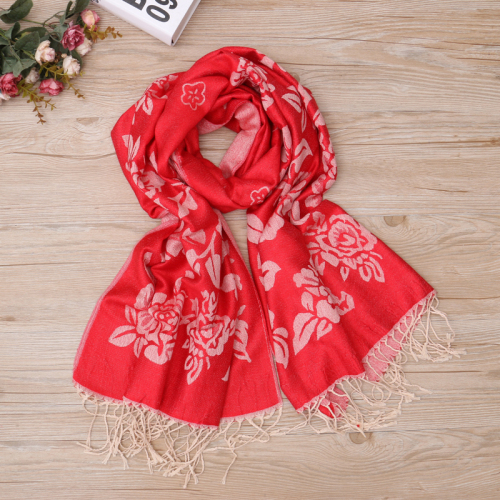 rose print decorative long tassel fashion versatile jacquard scarf two-tone shawl