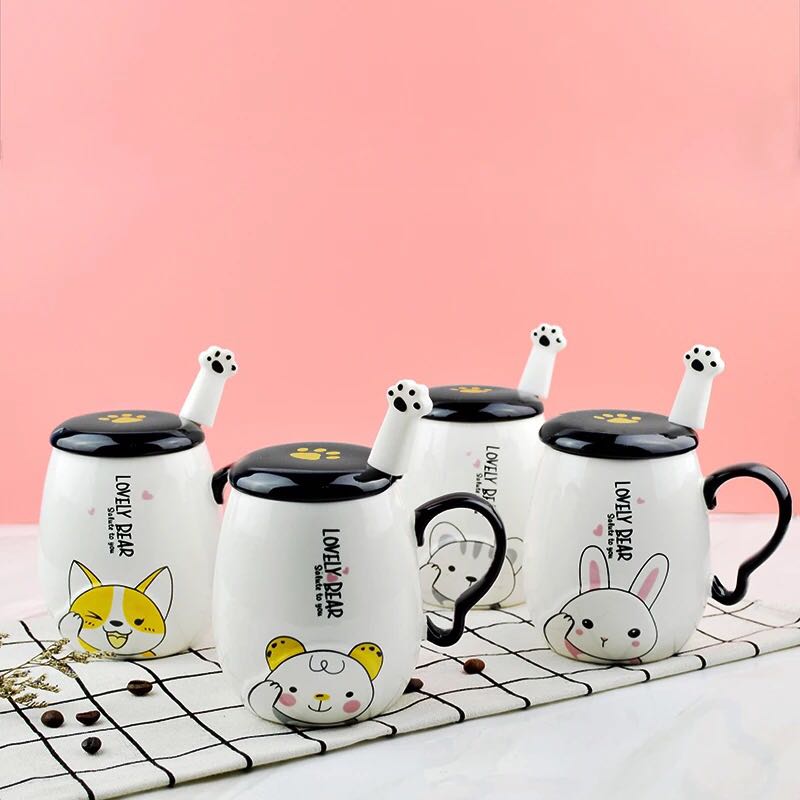可爱带盖勺创意女学生韩版陶瓷马克杯超萌卡通早餐咖啡杯水杯