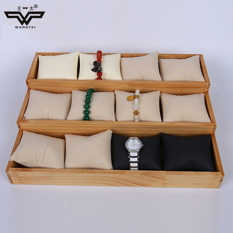 新款木制念珠饰品展示架 PU三层12位首饰手表收纳托盘厂家可定做