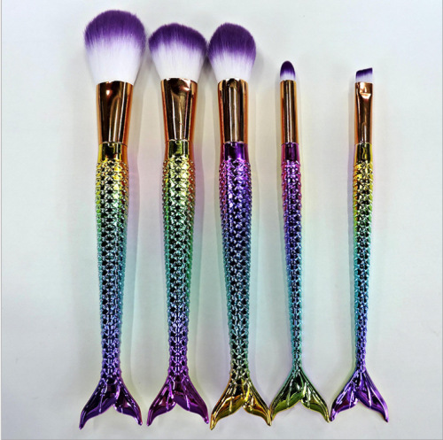 Factory Direct Beauty Tools Makeup Brush Plastic Plating Handle Artificial Fiber MERMAID 3D Fishtail 5 Sets of Brushes