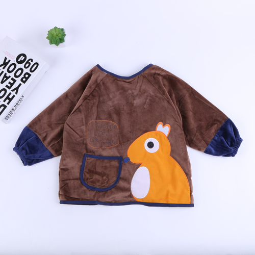 Baby Cartoon Style Winter Fleece-Lined Warm Bib Coat Feeding Clothes Pocket Children‘s Gown Kindergarten Bib