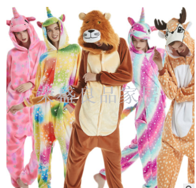 Flannel New Colorful Fur Starry Sky Horse Tiger Lion Fox Cartoon Animal One-Piece Pajamas Homewear
