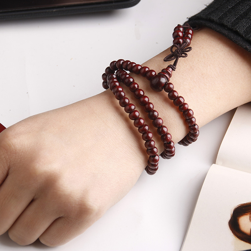 厂家直销108颗红檀木佛珠手链批发三圈手链