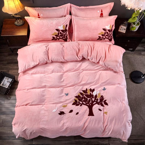 ywxuege crystal velvet exquisite towel embroidery four-piece set winter warm bedding， fortune tree and jade color