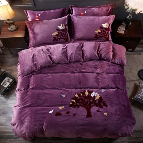 ywxuege crystal velvet exquisite towel embroidery four-piece set winter warm bedding fortune tree purple