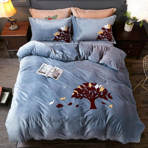 ywxuege crystal velvet exquisite towel embroidery four-piece set winter warm bedding fortune tree ash