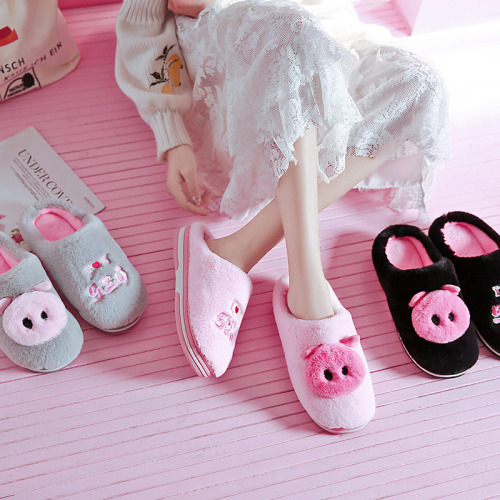 [One-Piece Delivery] Pig Fu Cartoon Indoor Cotton Slippers Female Winter Warm Cute Thick Bottom Home Confinement Shoes 