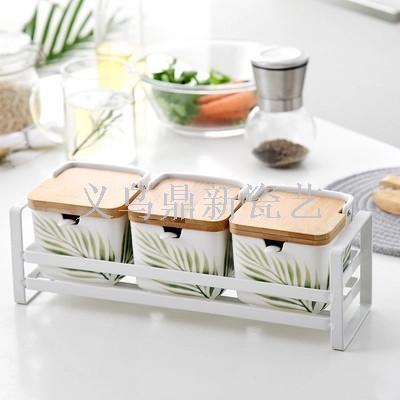 Creative seasoning tank set ceramic household seasoning box kitchen iron rack seasoning tank