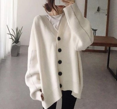 Languid pure color loose large size temperament cardigan sweater jacket woman V neck long knit sweater