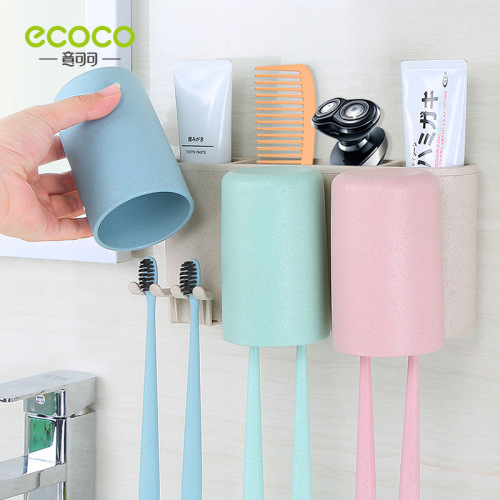 [three cups] wheat straw washing set three-family toothbrush holder mouthwash cup wall-mounted wash storage box
