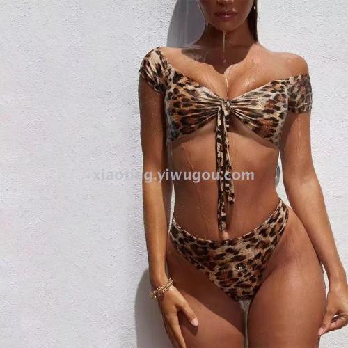 bikini foreign trade new sexy leopard print half sleeve high waist women‘s split swimsuit nylon quality factory straight