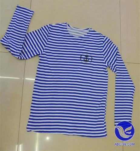 Manufacturer Customization Cotton Yarn-Dyed Cross Stripe Sailor Suit Men‘s round Combed Cotton Short-Sleeved T-shirt Custom Advertising Shirt