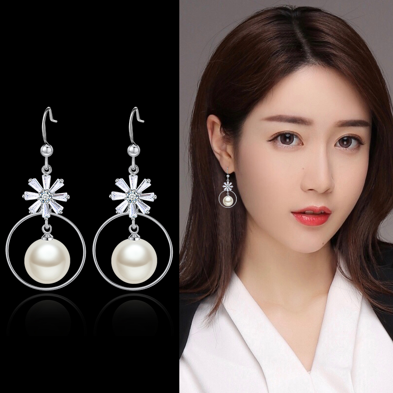 925银圈圈花朵锆石珍珠耳坠时尚百搭耳环厂家批发直销包装混批