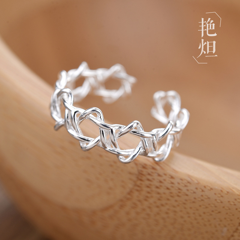 925纯银六芒星戒指女个性时尚星星食指指环开口银饰饰品礼物代发