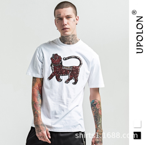 men‘s 2018 men‘s t-shirt european and american fashion brand new sequined animal men‘s t-shirt short-sleeved cotton round t-shirt