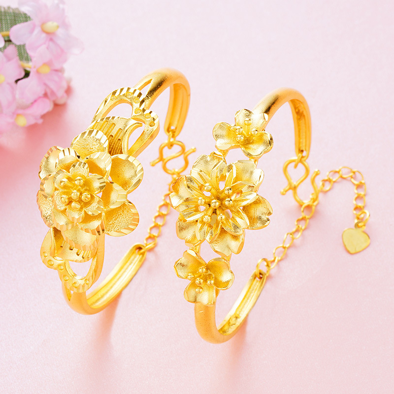 铜镀金饰品 开口多层花朵喷沙手环女 仿金首饰时尚百搭沙金手镯