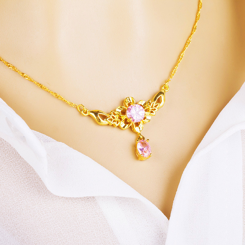 创意款欧币沙金水晶锆石吊坠 锁骨链女士 时尚个性百搭仿黄金项链