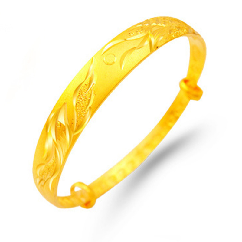 10mm绒沙金龙凤推拉手镯女 越南沙金女士车花手镯铜镀24K真金手镯