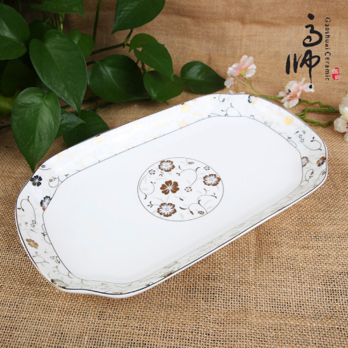 bone china plate fashion western-style 12-inch rectangular fish plate hand-painted colored glaze gold flower ceramic plate