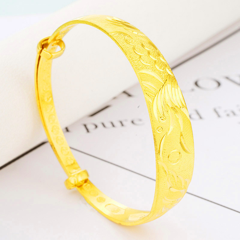 越南沙金12mm拉丝龙凤推拉手镯 女士车花手镯铜镀24K真金首饰批发