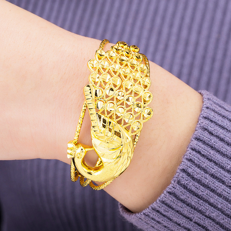 久不掉色欧币镀金手镯 孔雀推拉镯子 女款沙金新娘结婚婚庆首饰品