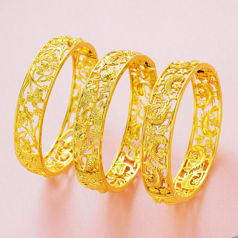 创意款越南沙金龙凤金环手镯女士 复古铜镀24k真黄金婚礼新娘镯子