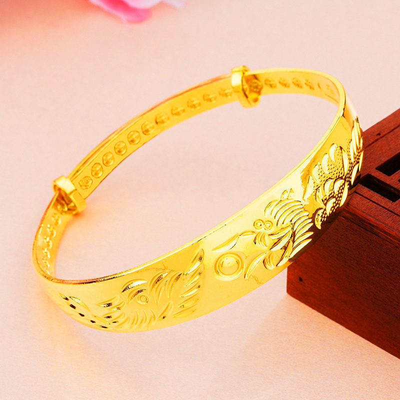 多款式可选 批发14MM龙凤呈祥女士镀金手镯 越南沙金双鱼福字手镯