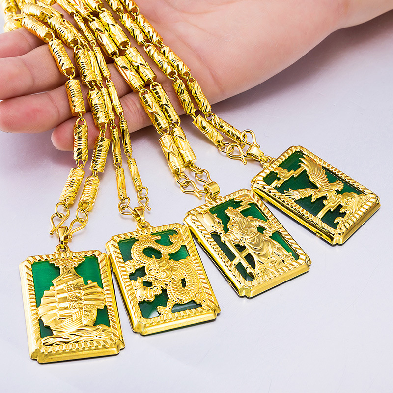 微商爆款越南沙金男士吊坠 霸气关云长吊牌仿玉石镀真金方牌吊坠