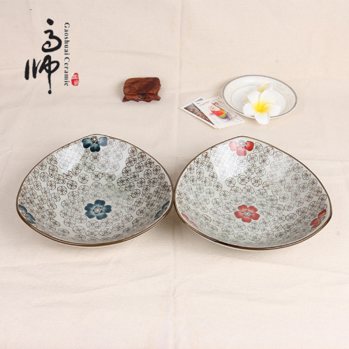 9-Inch Triangle Bowl Factory Direct Japanese Antique Ceramic Tableware Ceramic Bowl Glazed Color Flower Supply Wholesale