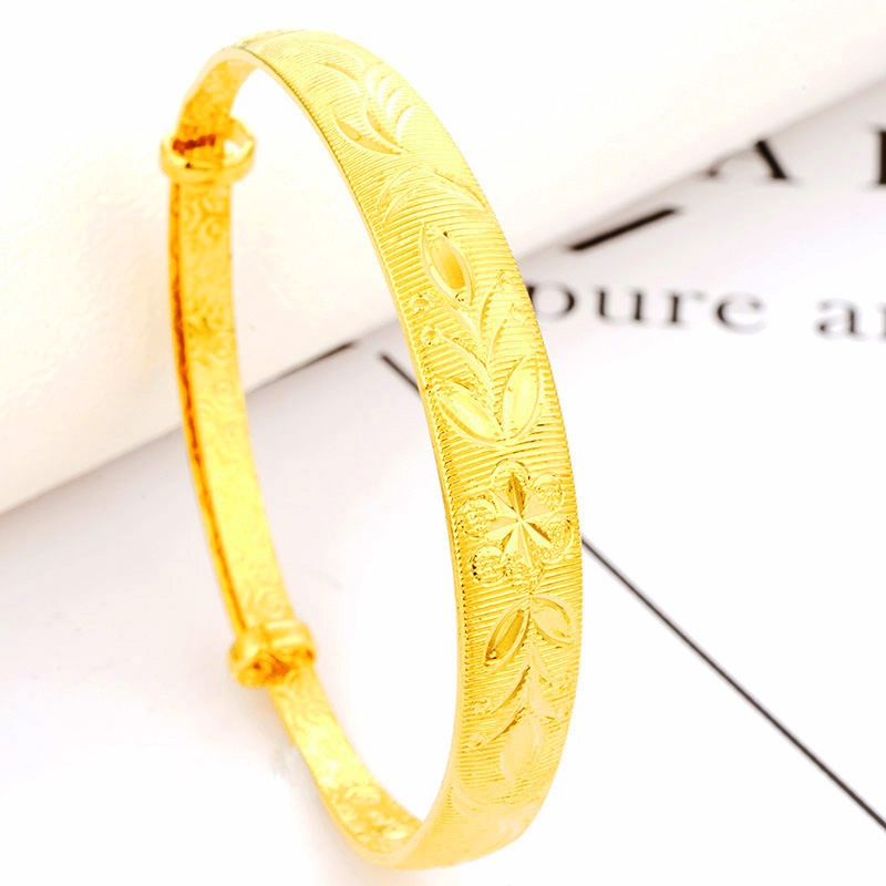 10mm拉丝推拉手镯女 雕花朵仿黄金镯子24K保色沙金新娘配饰品批发