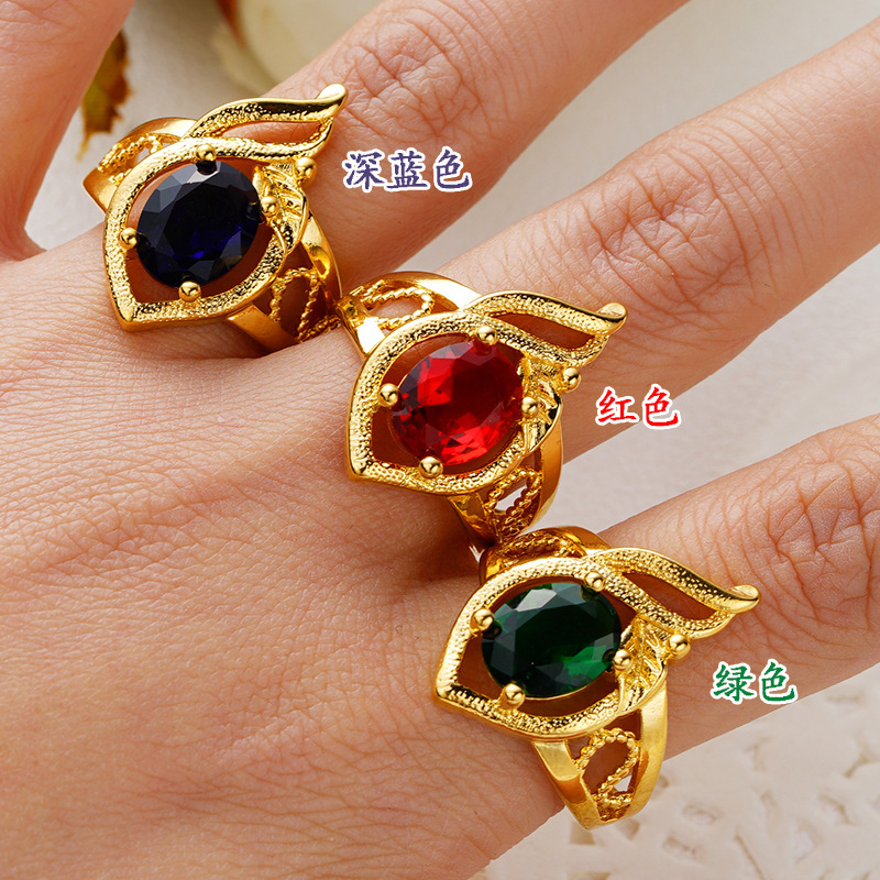 宝石女士戒指越南沙金欧币真金戒指 椭圆形镶嵌玉石 开口小巧礼物